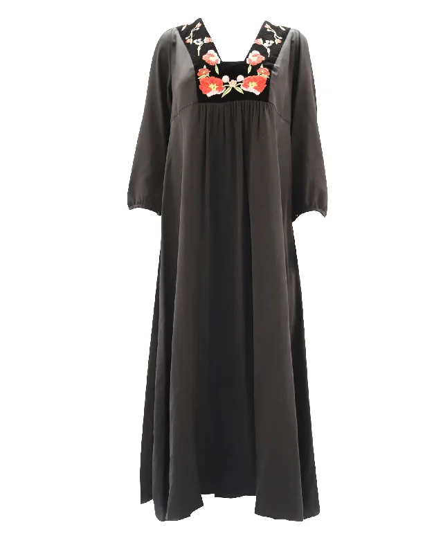 Exclusive Designer Style Deals Vilshenko Embroidered Velvet-trimmed Midi Dress In Black Silk Rustic Countryside Charm Look