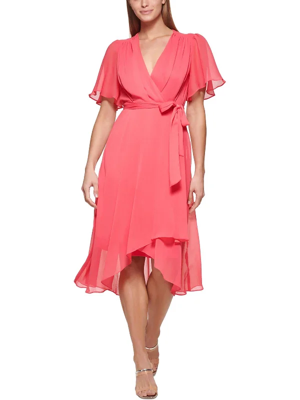 Comfortable Chic Petites Womens Flutter Sleeves Belted Midi Dress End - Of - Month Blowout