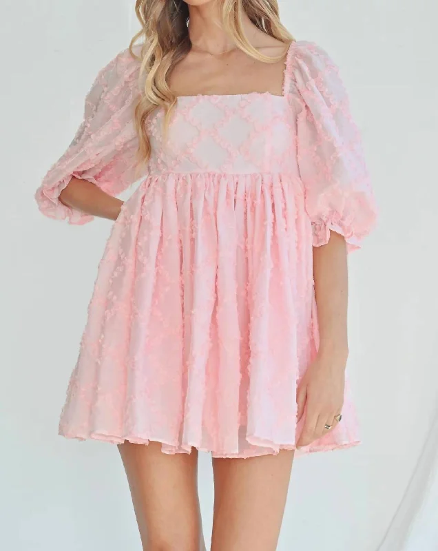 Limited Stock, Big Sale Ribbon Textured Puff Sleeve Babydoll Mini Dress In Baby Pink Fashion-Forward Style