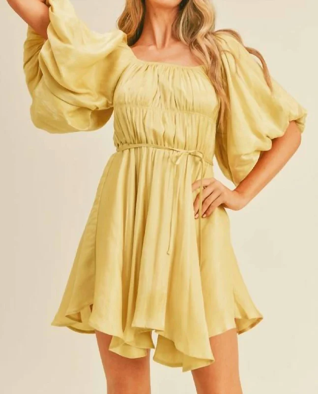 Premium Fashion Shiny Bubble Sleeve Mini Dress In Dandelion Fashion-Forward Style