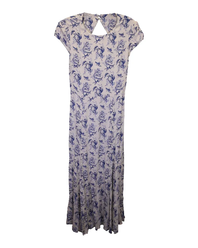 Special Offer Reformation Nahal Printed Midi Dress in White and Blue Viscose Rustic Countryside Charm Look