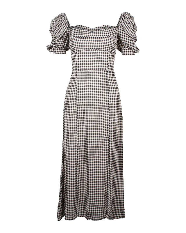 Luxury Fashion Discounts Reformation Puff Sleeve Gingham Midi Dress in Black Print Viscose Soft Textures