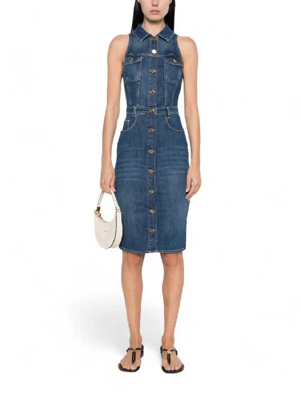 Insane Discount Onslaught Denim Sleeveless Midi Dress In Blue Denim Flash Sale