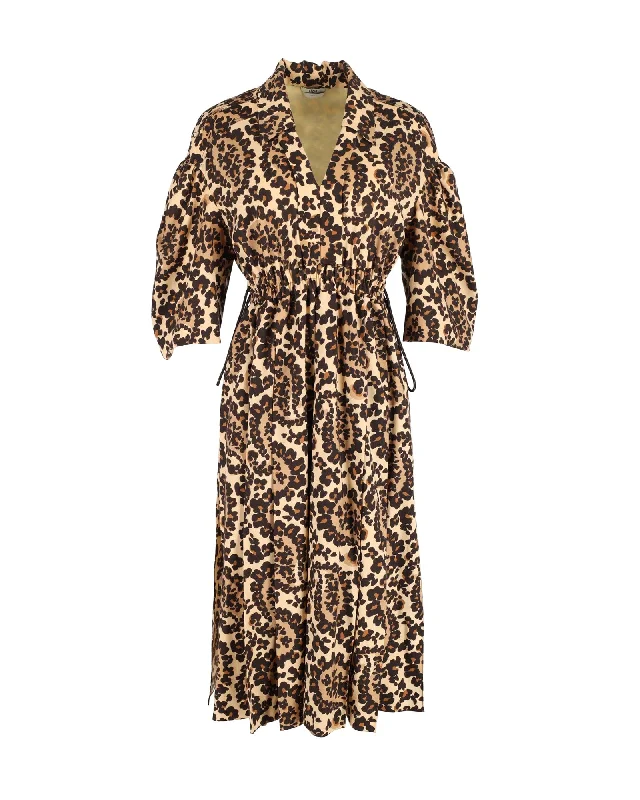 Fashion Deal Fendi Leopard-Print V-Neck Midi Dress in Brown Polyester Parisian Effortless Chic Style