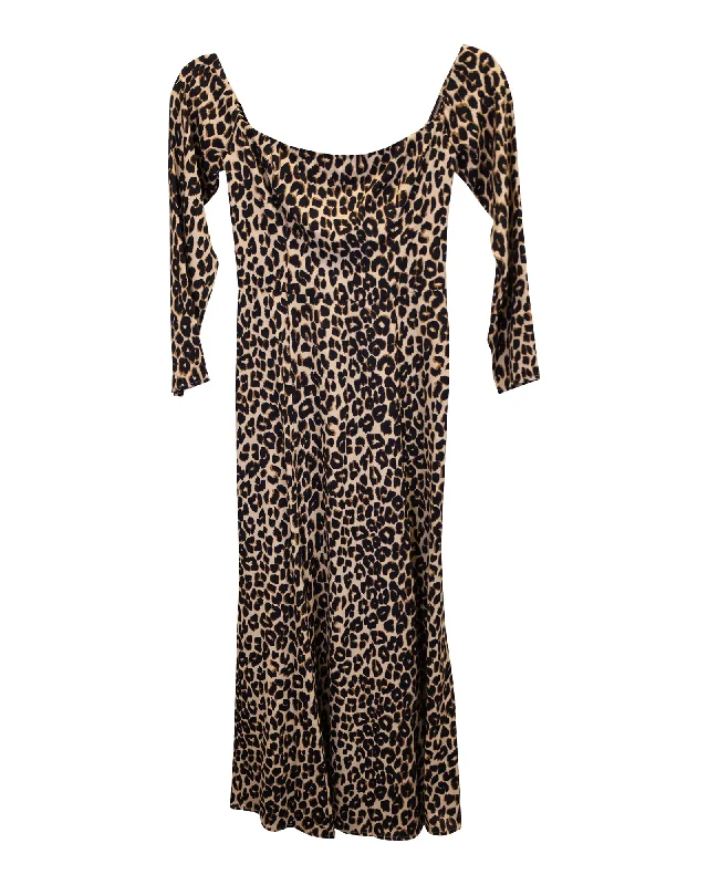 Fresh Styles, Fresh Deals Reformation Ballari Off-The-Shoulder Leopard-Print Midi Dress in Brown Viscose Classic Timeless Elegant Style