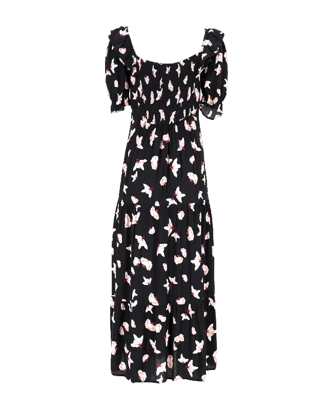 Elevated Casual Discounts Ba&Sh Printed Puff Sleeve Midi Dress in Black Viscose Lightweight Fabric