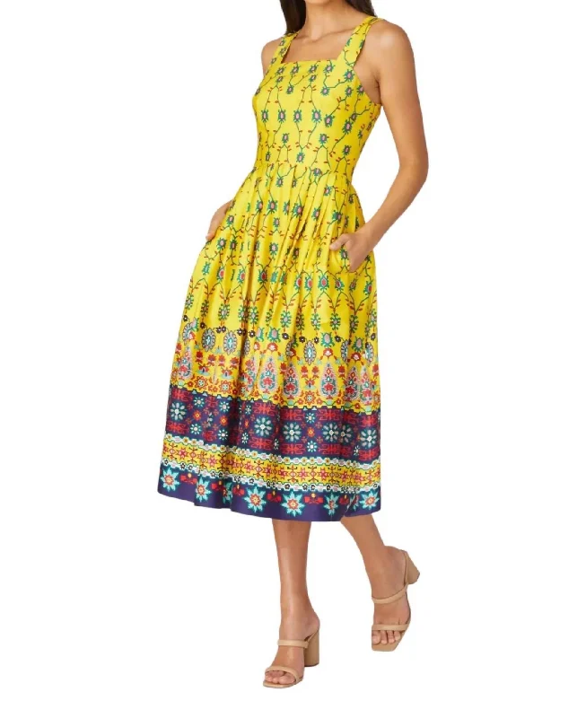 Limited Edition Camilla Midi Dress In Lemon/navy Lightweight Fabric