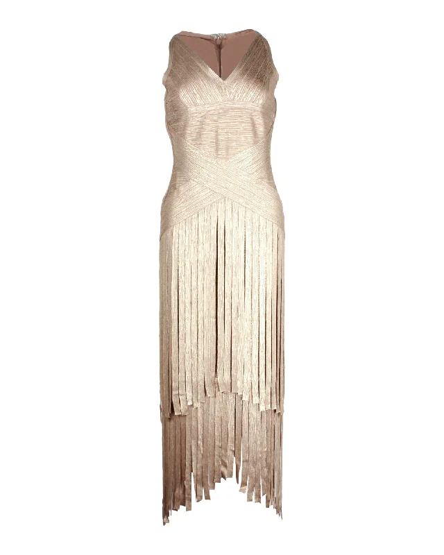 Fashionista Sale Herve Leger Tiered Fringed Metallic Midi Dress in Gold Rayon Vintage Retro Party Wear