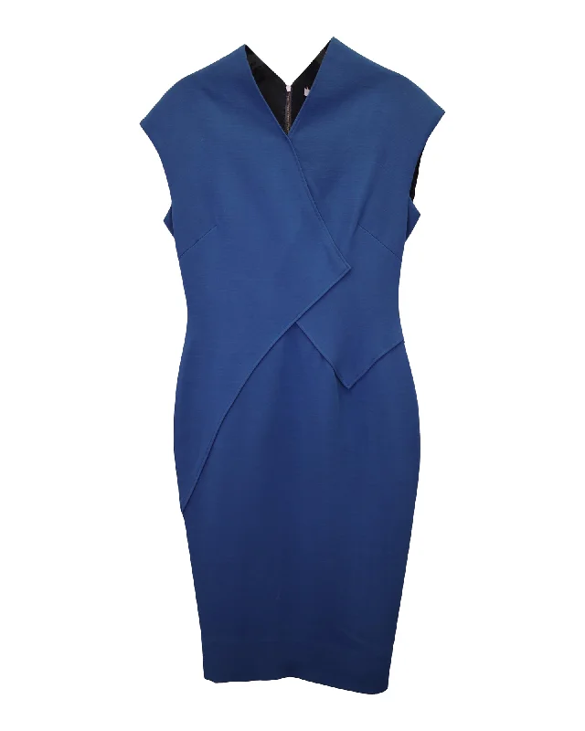 Feminine Style Promotions Victoria Beckham Cap Sleeve Midi Dress in Blue Wool Casual Weekend Relaxed Style