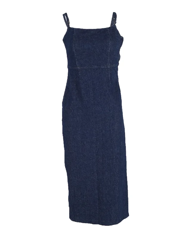 Bold Fashion Sales Reformation Delphinia Stretch-Denim Midi Dress In Navy Blue Cotton Ethnic Cultural Event Wear