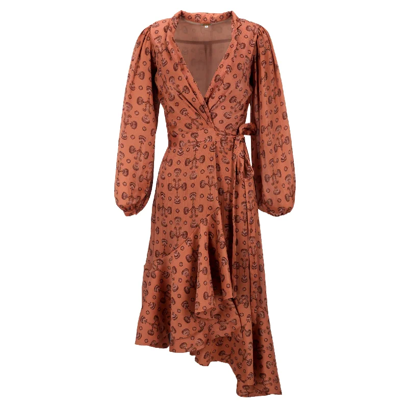 Street Chic Discounts Johanna Ortiz Spiritual Relations Wrap Midi Dress in Brown Polyester Y2K Nostalgic Fashion Look