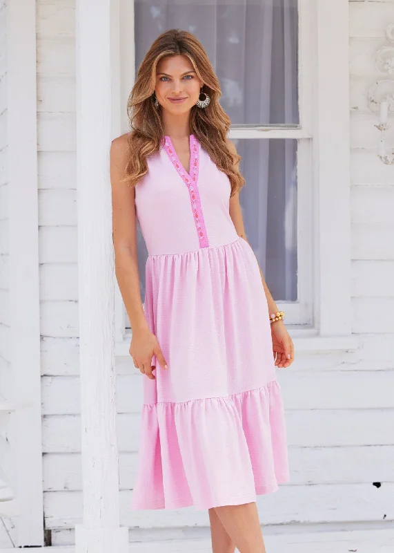 Premium Style Offers Provence Embroidered Midi Dress Feminine Soft - Hued Look