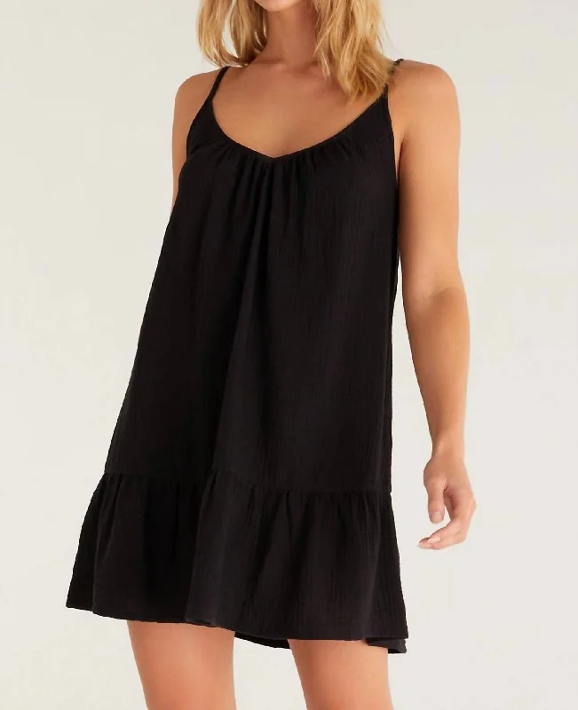 Ends Soon Amalia Gauze Mini Dress In Black Feminine Grace