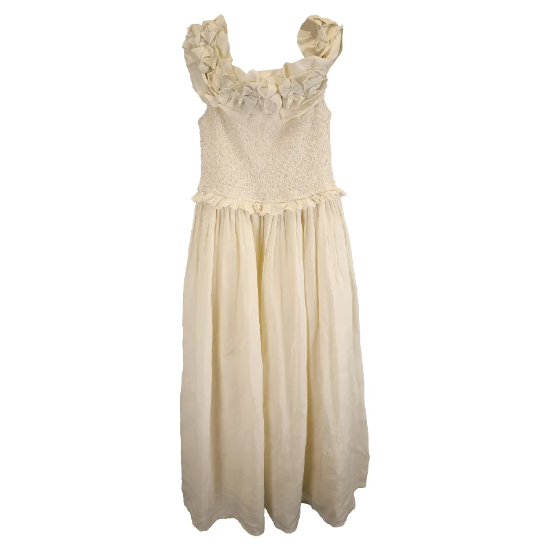 Limited Styles Sea New York Frida Off-the-Shoulder Ruffled Midi Dress in Cream Ramie Cottagecore Rustic Charm Style