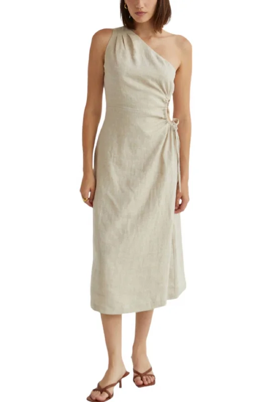 New Season Fashion Preview Aura One Shoulder Flax Linen Midi Dress In Oatmeal Flowy Fabric