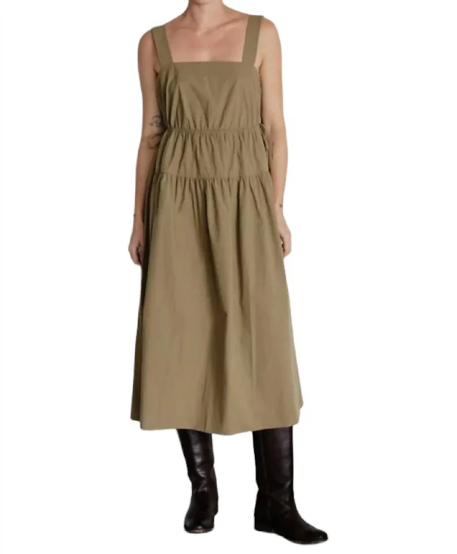 Massive Savings The Delilah Tiered Midi Dress With Side Drawstrings In Khaki Classic Timeless Elegant Style