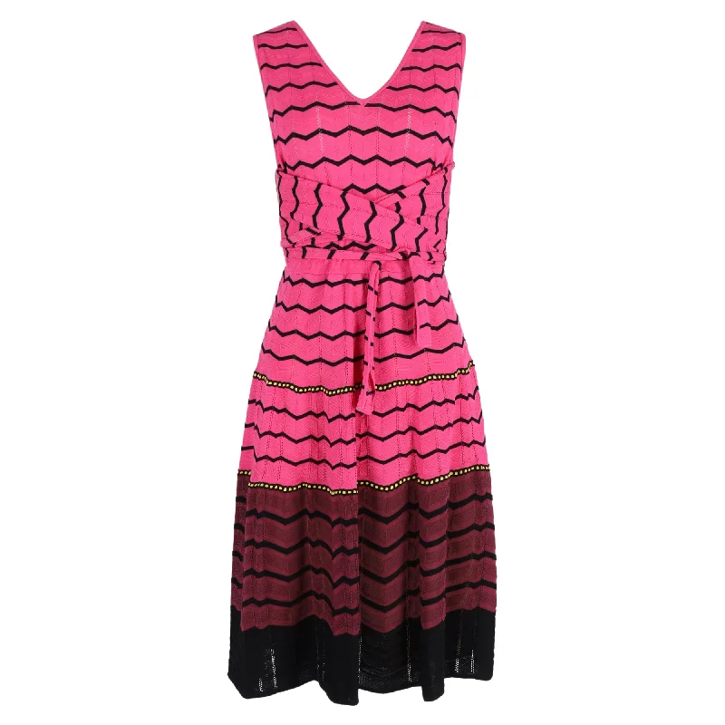 Relaxed Style Deals M Missoni Knit Tie Front Detail Sleeveless Midi Dress in Pink Zigzag Cotton Feminine Flow