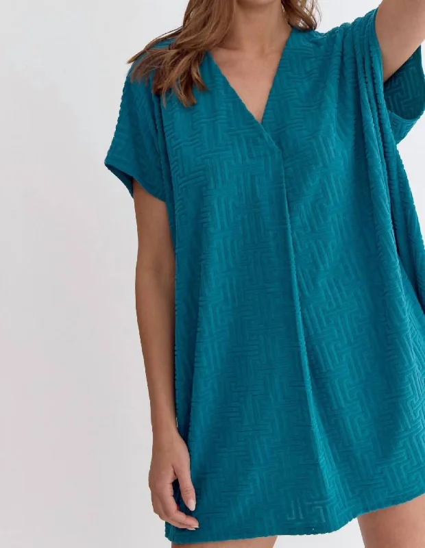 On-Trend Fashion Offers Textured Terry Mini Dress In Ocean Blue Buy More, Save More