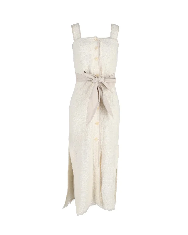 Fashion Sale Nanushka Rita Vegan Leather-Trimmed Frayed Midi Dress In Cream Cotton Casual Weekend Relaxed Style