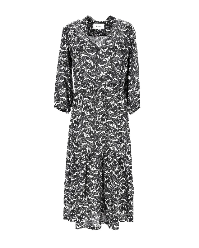 Daring Fashion Promotions Ba&Sh Paisley-Print Midi Dress in Black Viscose Boho - Chic Festival - Ready Style