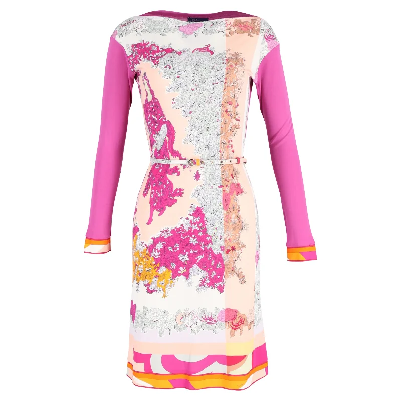 Urban Elegance Deals Emilio Pucci Printed Long-sleeved Belted Midi Dress in Pink Viscose Tropical Island - Inspired Attire