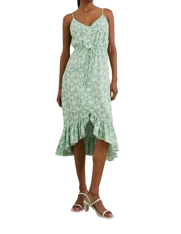 Seasonal Picks Frida Woven Linen Blend Midi Dress In Green Texture Playful Elegance