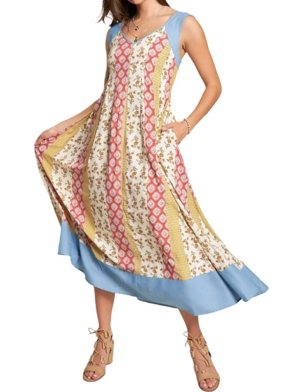 Weekend Exclusive Denim Contrast Boho Pleated Midi Dress In Cream Coral Feminine Flow