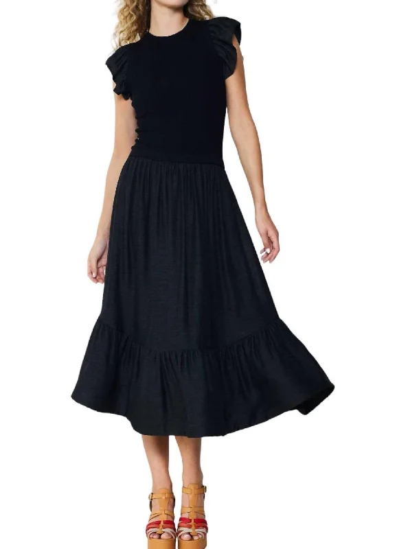 Must Haves Ruffled Sleeve Midi Dress In Black Effortless Sophistication