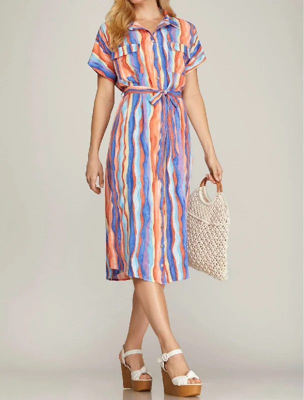 Unbeatable Deals Short Sleeve Button Down Woven Midi Dress In Multi Ethnic Cultural Event Wear