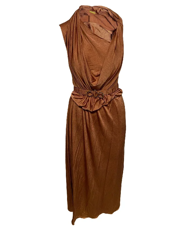 Avant-Garde Style Promotions Dodo Bar Or Ora Belted Midi Dress in Brown Satin Graceful Movement