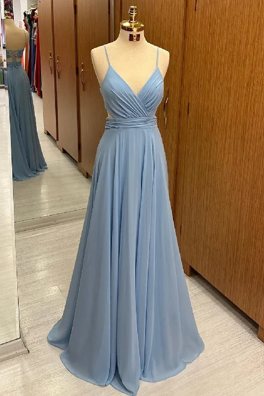 Final Sale Dusty Blue Chiffon Lace-Up A-Line Long Bridesmaid Dress Y2K Nostalgic Fashion Look