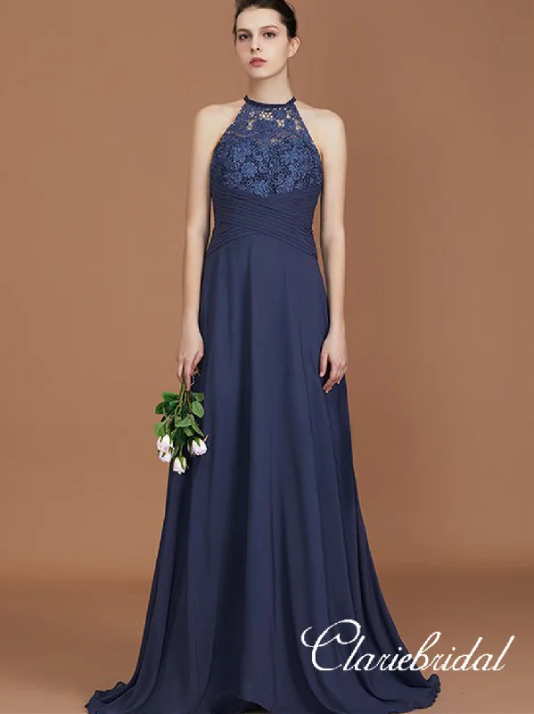 Sophisticated Street Style Offers A-line Navy Chiffon Lace Long Bridesmaid Dresses Statement Piece