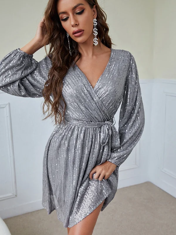 Seasonal Fashion KittenAlarm - Long sleeve sequined short V-neck dress Boho - Chic Festival - Ready Style