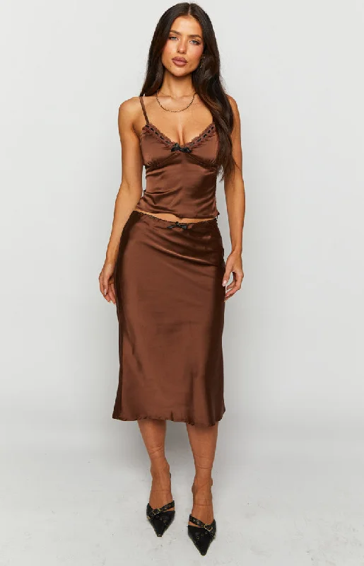 Feminine Style Promotions Khloe Brown Satin Midi Skirt Now On Sale For Chic Urban Styles