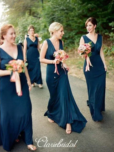 Seasonal Fashion V-neck Sheath Dark Teal Long Bridesmaid Dresses Romantic Flair