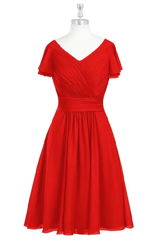 Limited Time Deal Red V-Neck Ruffled A-Line Short Bridesmaid Dress Mid - Season Sale