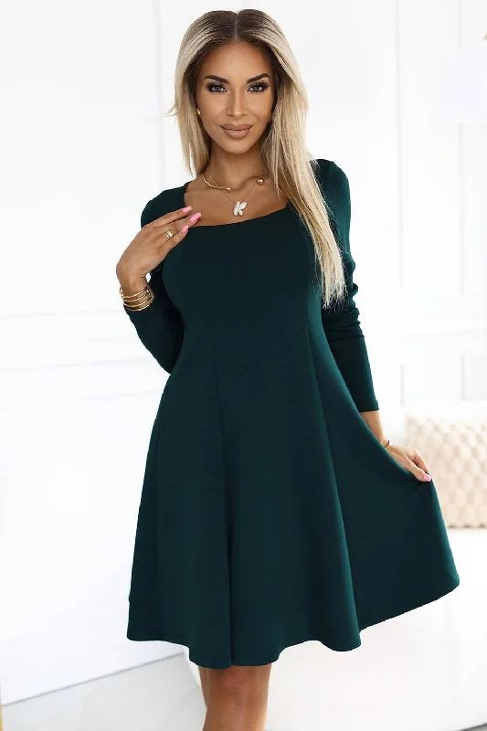 Classy Style Discounts Numoco 574-1 IVANA comfortable trapeze dress with a neckline and long sleeves - green Classic Timeless Elegant Style