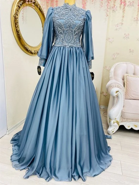 Season Sale Light Blue Muslim Prom Dress Crystals High Neck Long Puffy Sleeve Saudi Arabic Evening Formal Party Gowns 2021   cg16713 Ethnic Cultural Event Wear