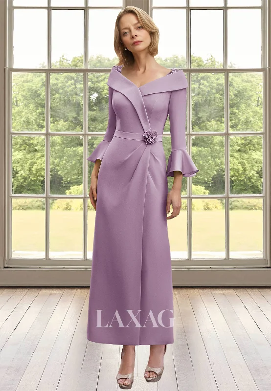 Vintage-Inspired Style Offers Bell-Long-Sleeves V-Neck Cocktail Gowns Satin Pleated Midi Mermaid Mother of the Bride Dress Charming Silhouette