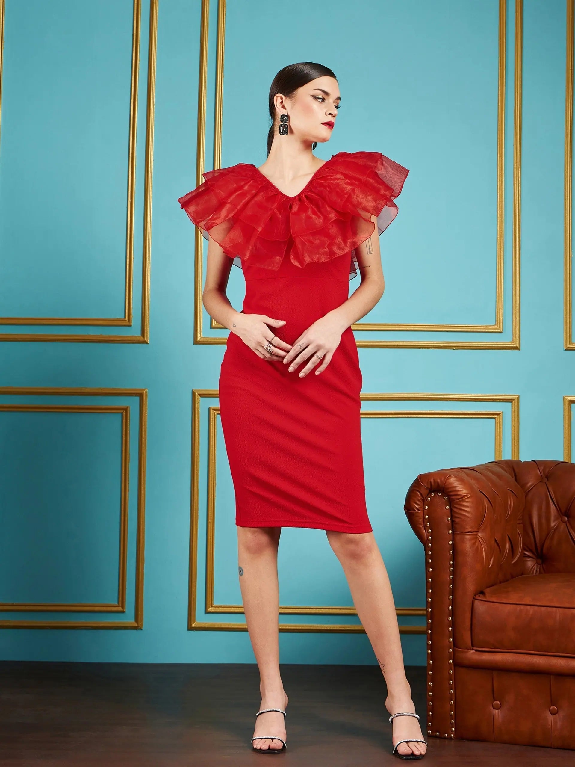 Step Ahead, Lead The Trend Women Red Frill Neck Bodycon Midi Dress Subtle Sophistication