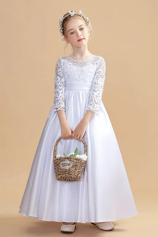 Budget-Friendly Fashion Round Neck Satin Long Sleeves Flower Girl Dresses With Bowknot Modern Glamour