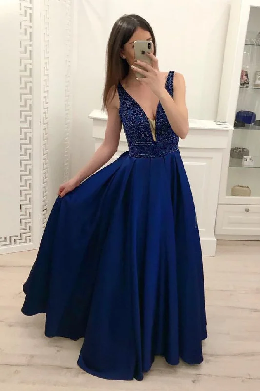 Season Offer A Line Sparkly Beading Sleeveless Royal Blue Satin Prom Dresses Great Deals On Ethnic Cultural Wear