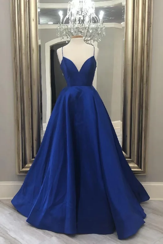 Modern Chic Discounts A Line Elegant Royal Blue Satin Long Prom Dress Evening Gowns Hollywood Glam Award - Show Style