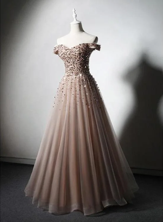 Hot Deals Sparkle Champagne Tulle Long Prom Gown, Off Shoulder Sequins Party Dress    cg15813 Artful Design