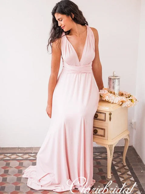 Trendy Fashion Sale Convertible A-line Blush Pink Jersey Long Bridesmaid Dresses Ethnic Cultural Event Wear