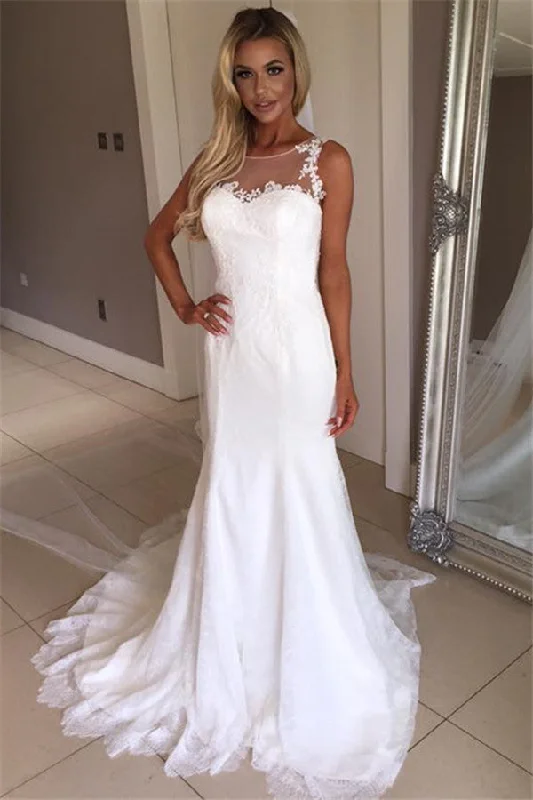 Unleash Your Trendy Side Sexy Floor Length Sleeveless Mermaid Lace White beach Wedding Dresses Romantic Detailing