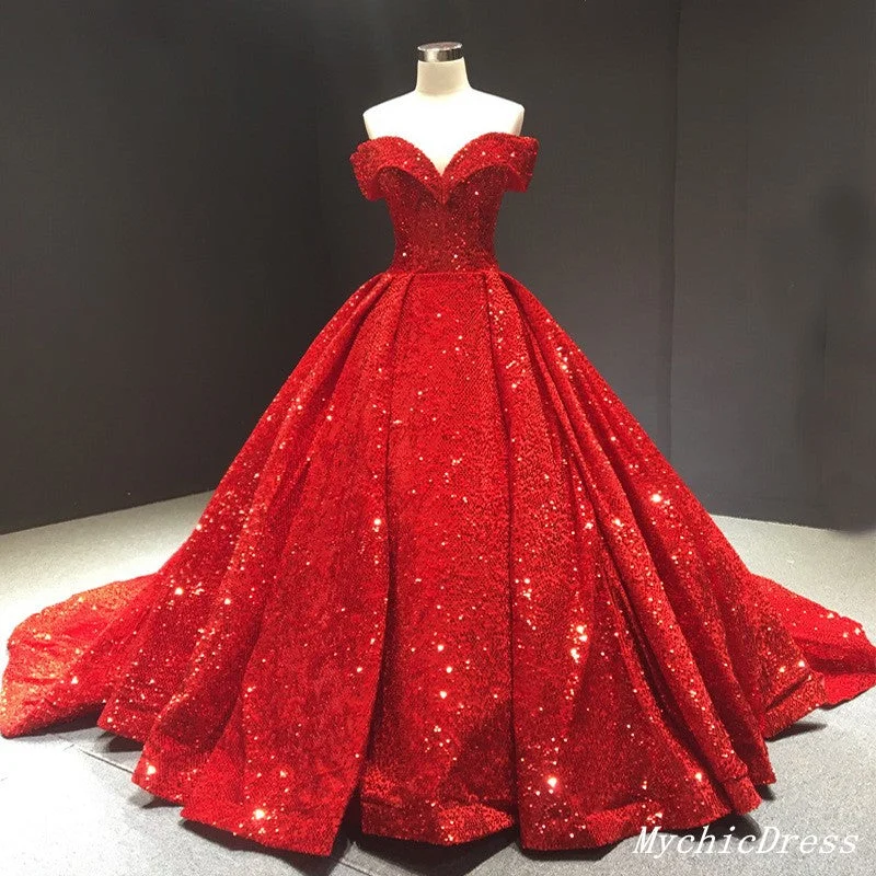 Smart Casual Deals 2025 Sparkly Red Ball Gown Wedding Dresses Sequin Off the Shouder Quince Dress Alluring Design