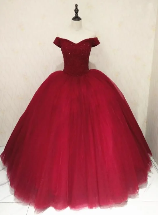 Shop Sales Beautiful Wine Red Off Shoulder Sweet 16 Gowns, Party Dresses 2021, Sparkle Formal prom Dress   cg11742 Subtle Sophistication