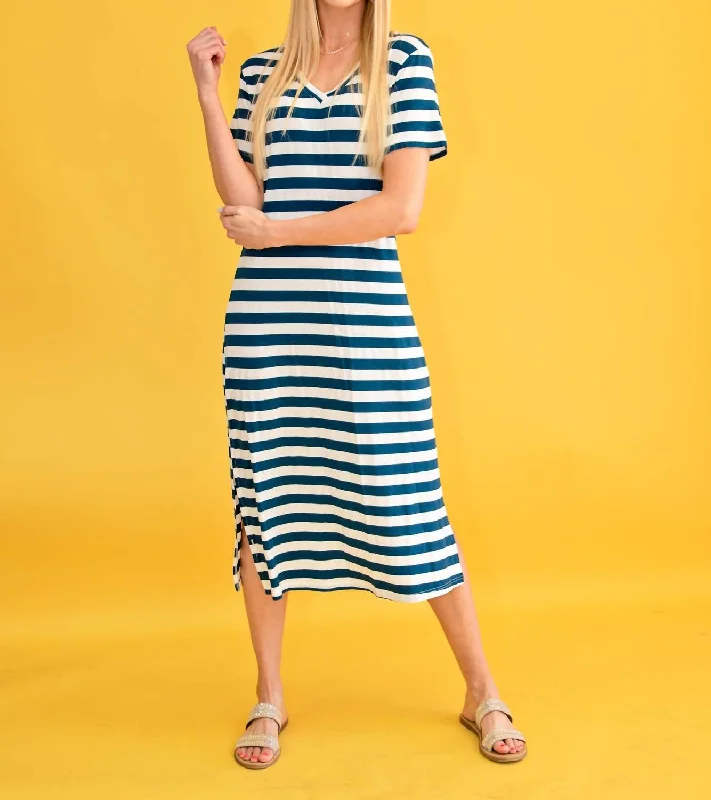 Limited Styles Short Sleeve Stripe V-Neck Maxi Dress Side Slits In Blue Vintage Charm