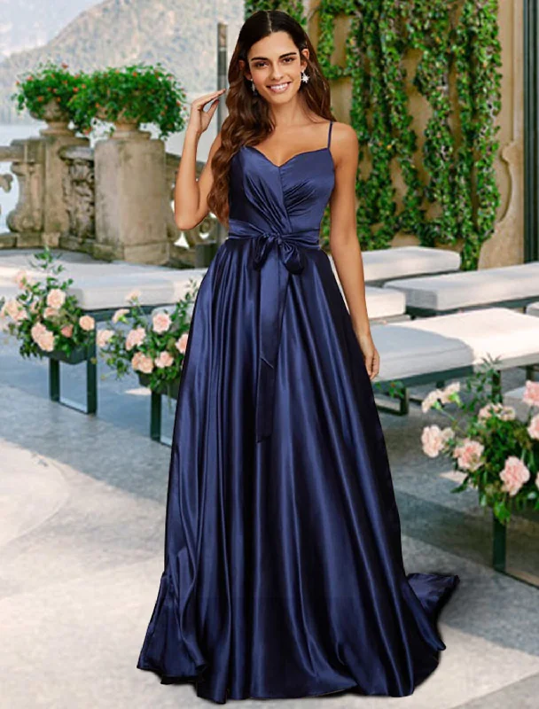 Best Deals Of The Season A-Line Bridesmaid Dress V Neck / Spaghetti Strap Sleeveless Sexy Floor Length Charmeuse with Bow(s) / Pleats Boho - Chic Festival - Ready Style